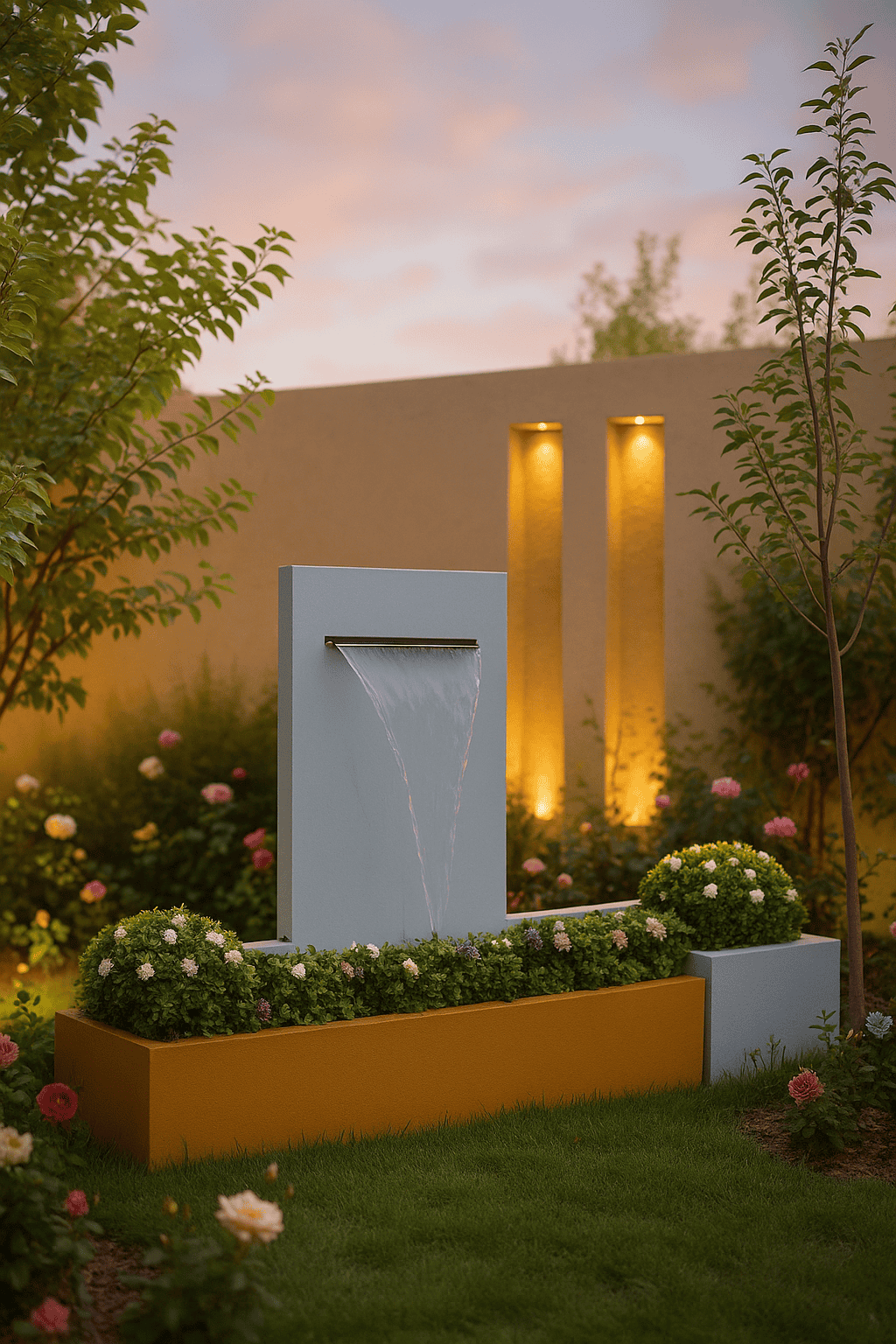 Waterfall with a drain and lighting with distinctive planters